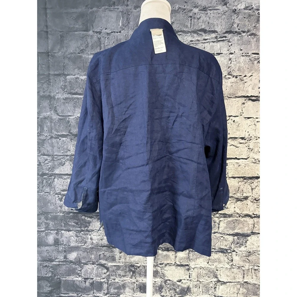 Chico's Jacket Womens 3 16/18 Reversible Linen Navy Paisley Patchwork Snap Front